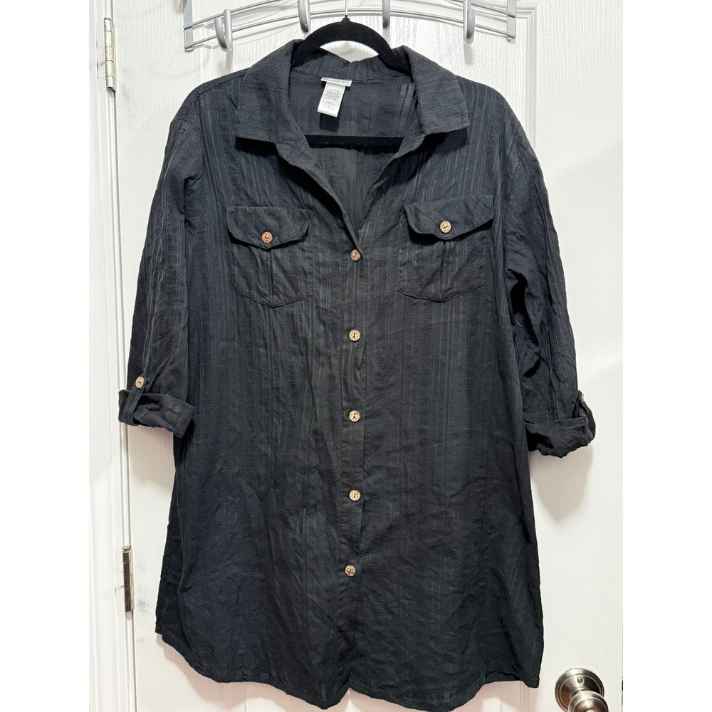 Dotti Black Cotton Textured Stripe Roll Tab Sleeve Button Down Tunic Large dress
